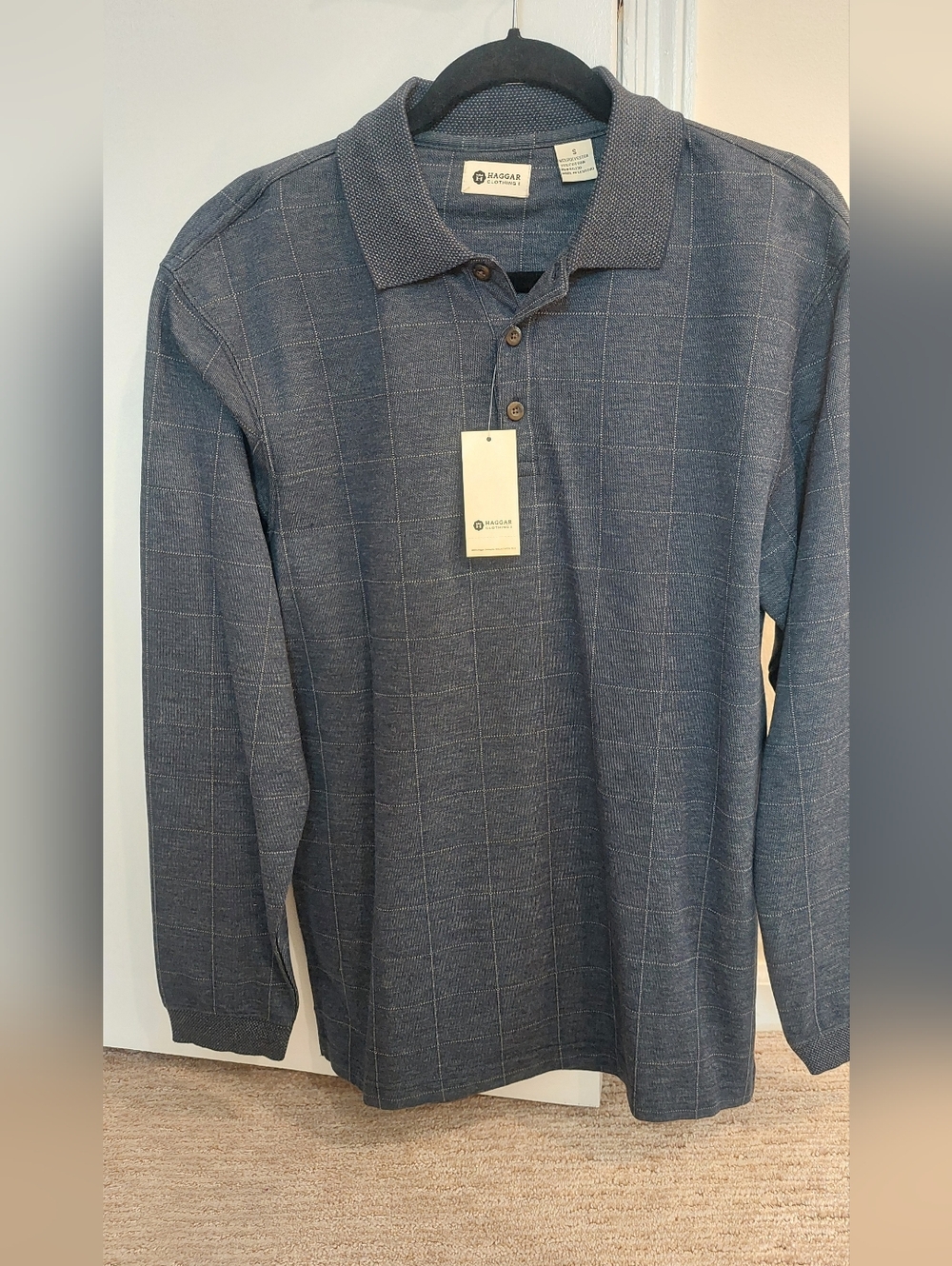 Haggar Blue Windowpane Long-Sleeve Polo